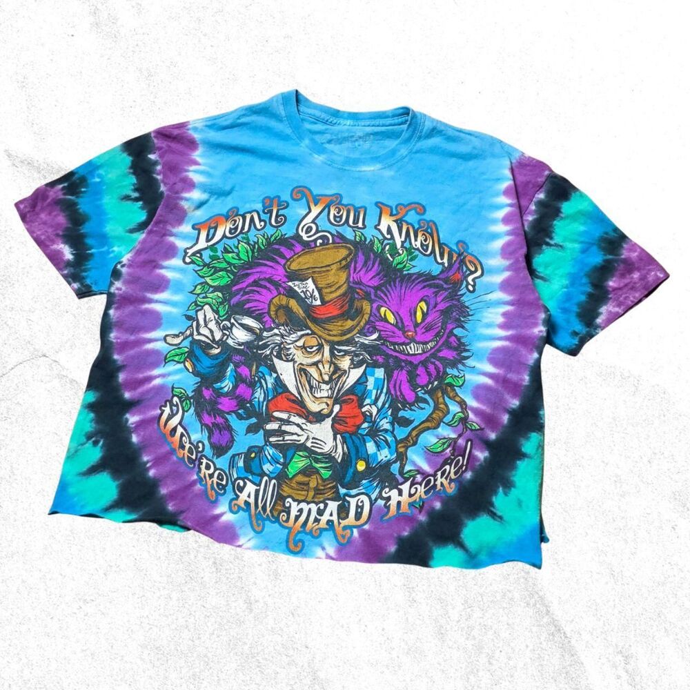 Liquid Blue Tie-Dye "We're All Mad Here" Alice in Wonderland Cropped T-Shirt